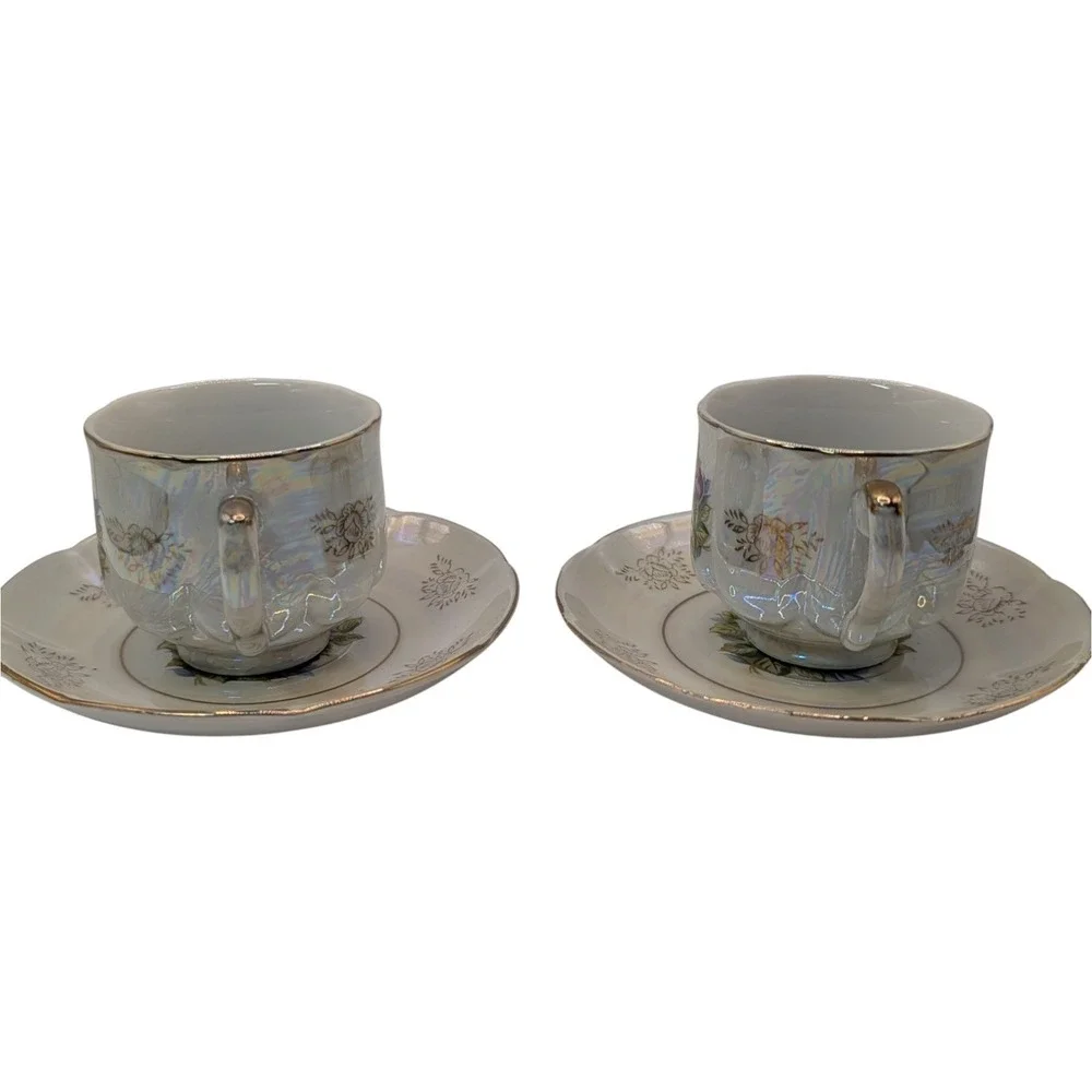 Vintage Seyei Fine China Demitasse Cups and Saucers Iridescent Floral Set of Two